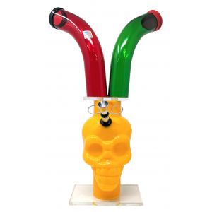 14" Acrylic Rasta Color Metal Pull Bowl Double Mouth Skull WaterPipe - [AJM27]